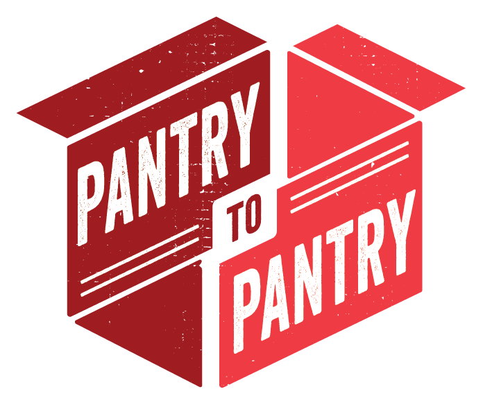 A red and white logo with the text PANTRY TO PANTRY arranged in a cube shape.